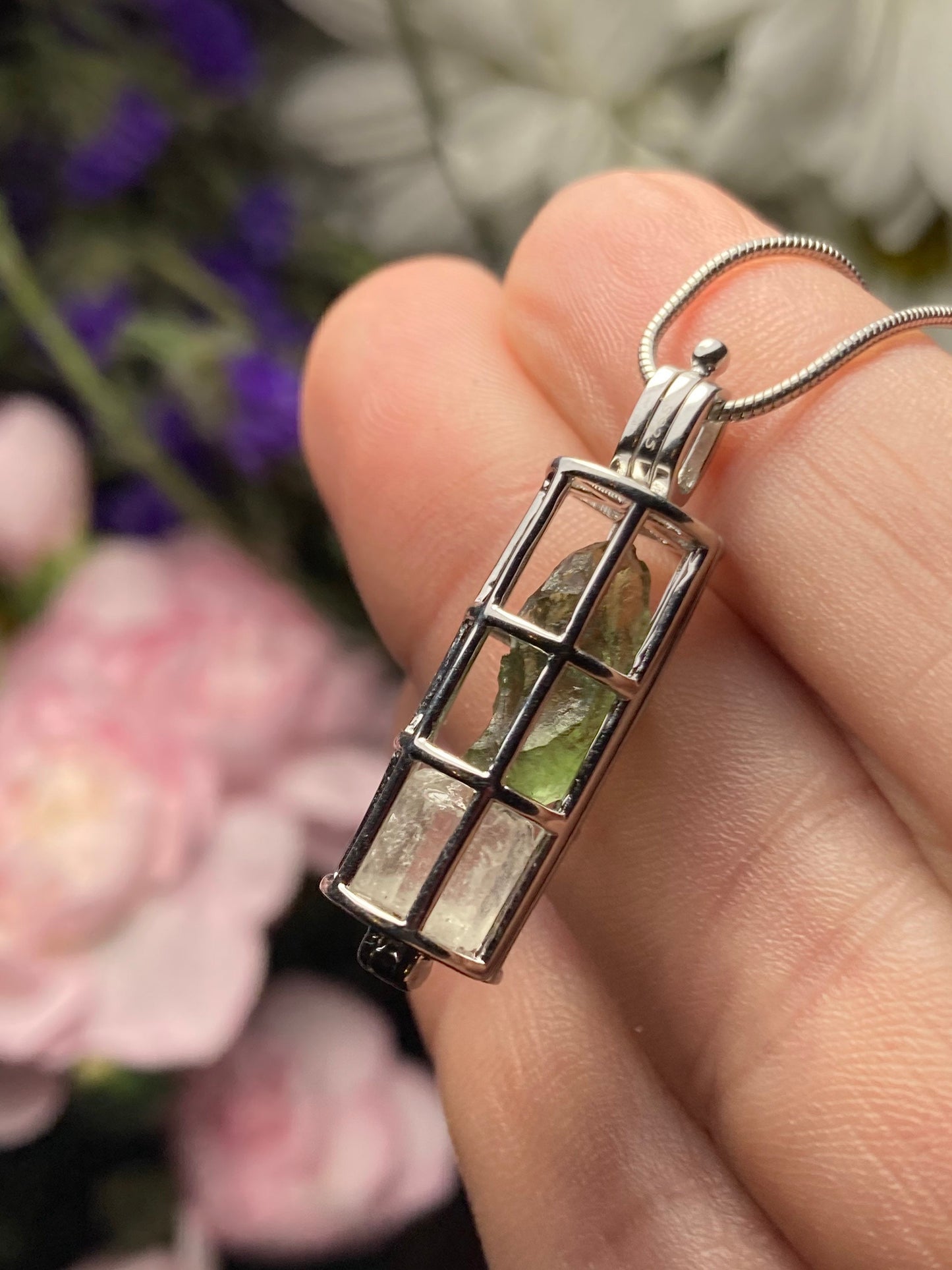 Moldavite & Phenacite Sterling Silver Cage Pendant
