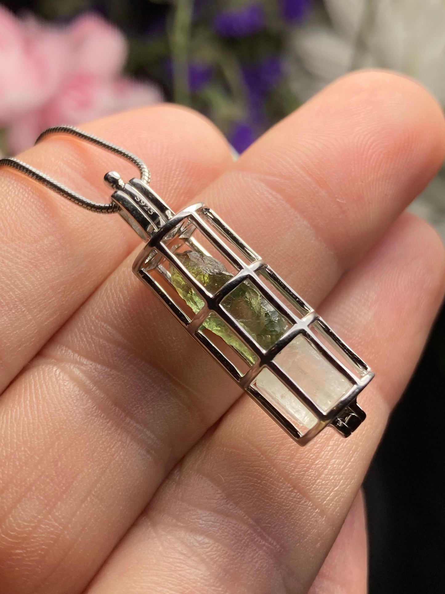 Moldavite & Phenacite Sterling Silver Cage Pendant