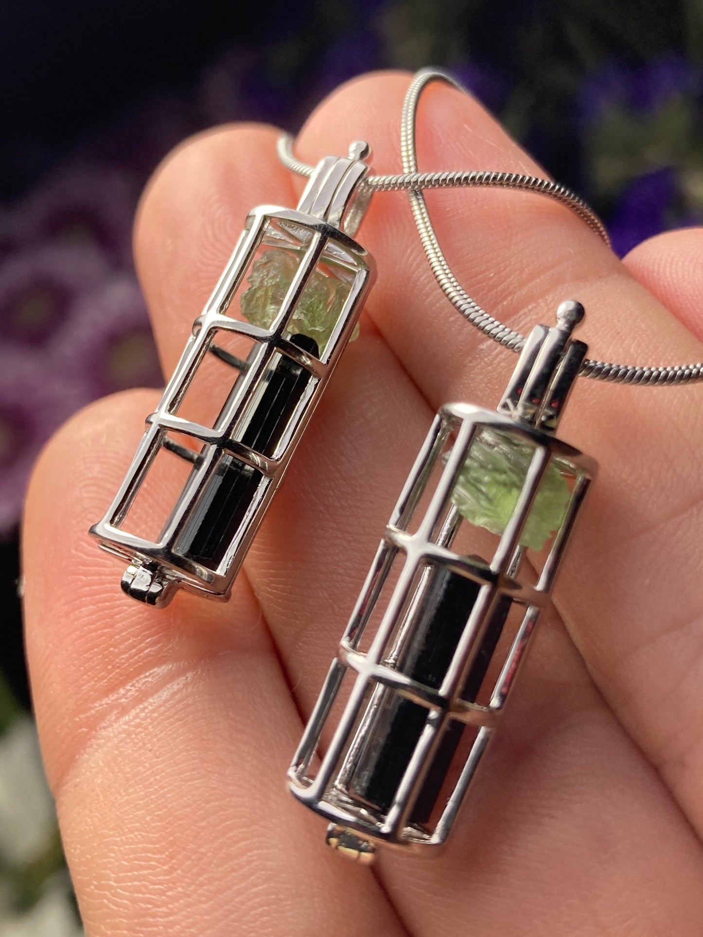 Moldavite & Black Tourmaline Sterling Silver Cage Pendant