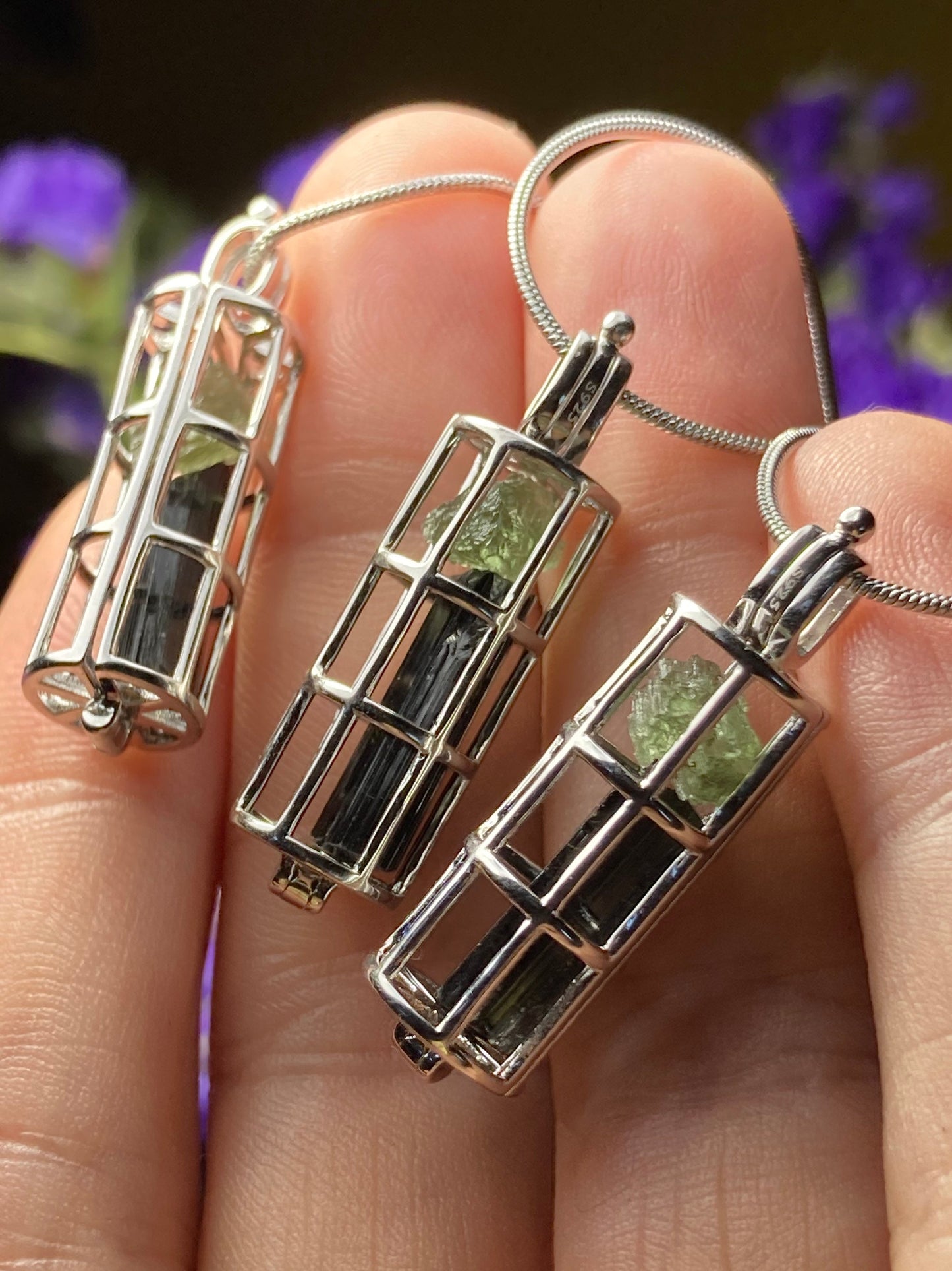 Moldavite & Black Tourmaline Sterling Silver Cage Pendant