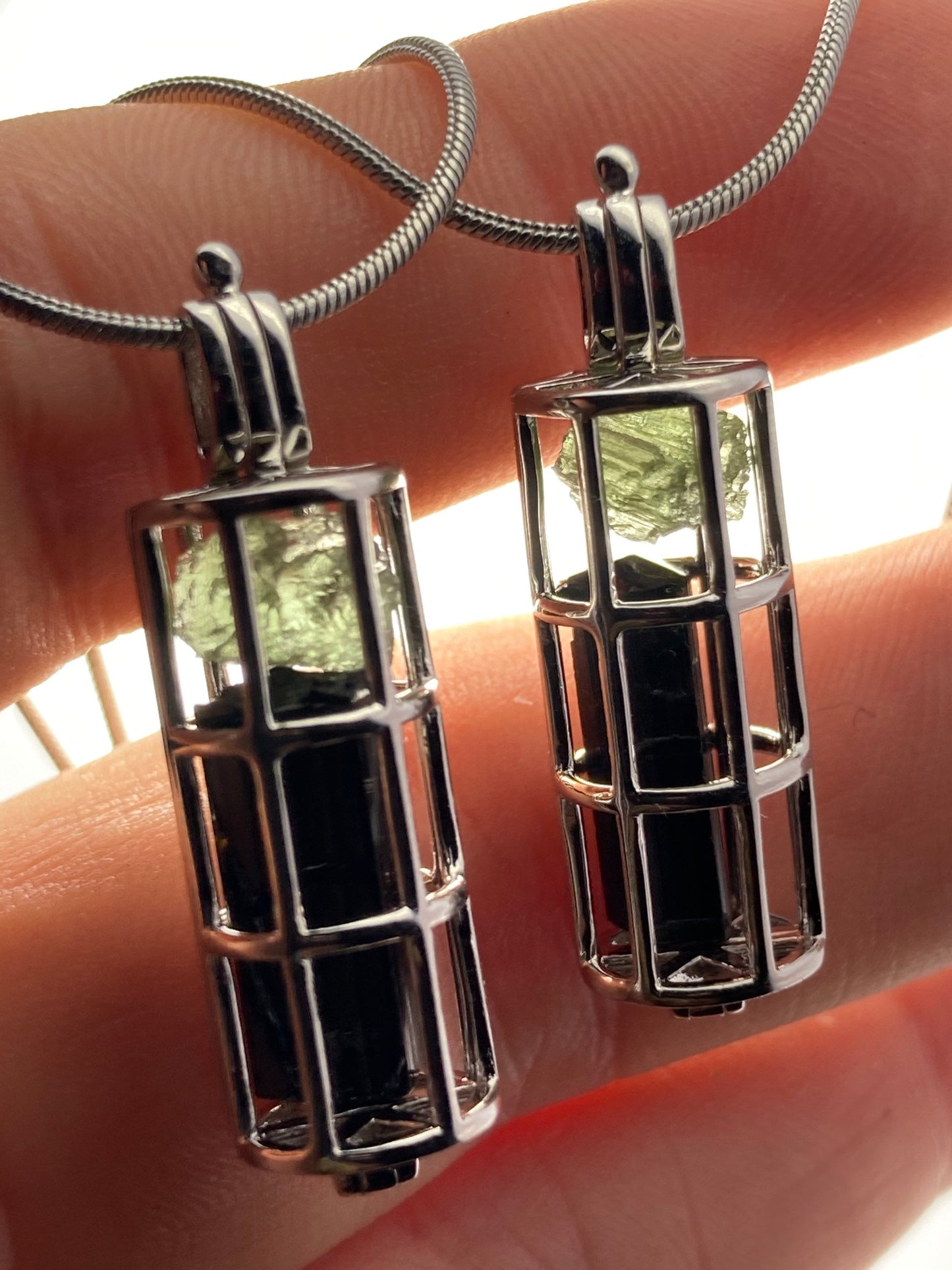 Moldavite & Black Tourmaline Sterling Silver Cage Pendant