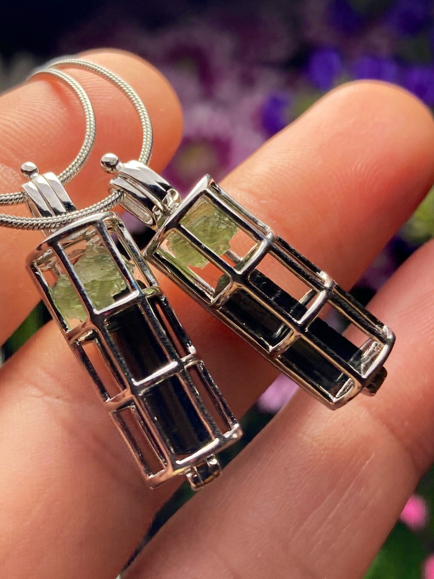 Moldavite & Black Tourmaline Sterling Silver Cage Pendant