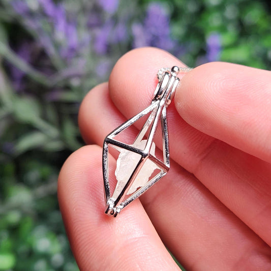 Sterling Silver Phenacite Pendant: Nigerian Crystal Cage Necklace