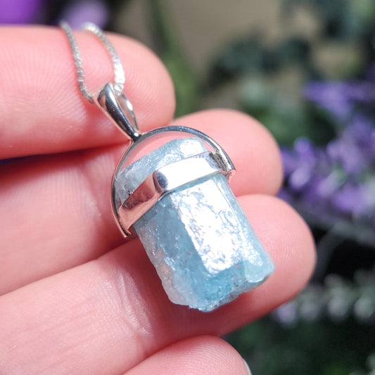 Aquamarine Crystal Necklace: Raw Nigerian Blue Beryl Pendant, March Birthstone Necklace