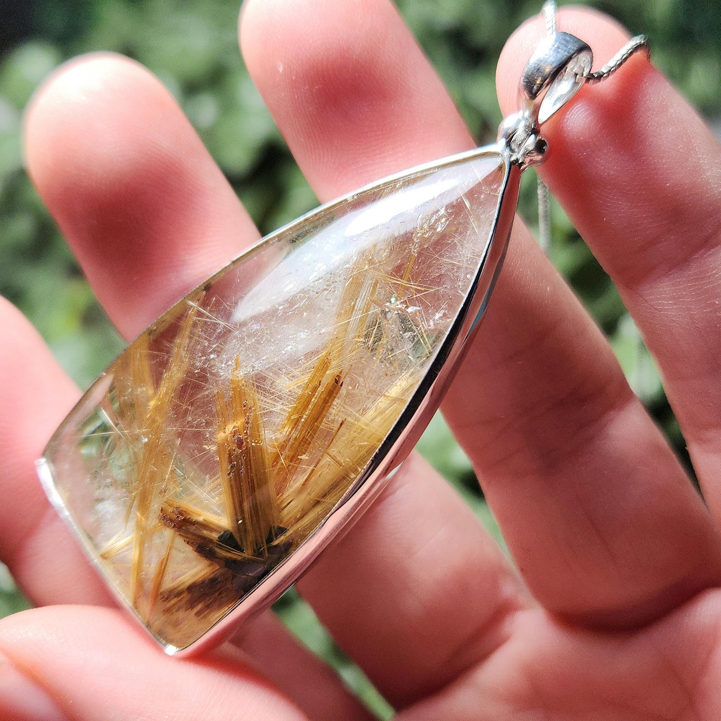 Natural Rutile Star in Quartz Pendant: Hematite & Angel Hair Golden Rutile Necklace