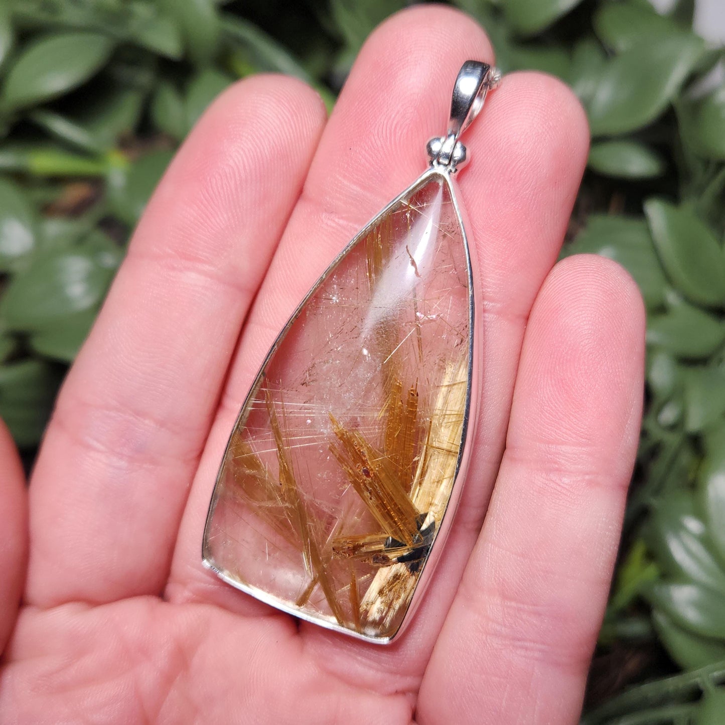 Natural Rutile Star in Quartz Pendant: Hematite & Angel Hair Golden Rutile Necklace