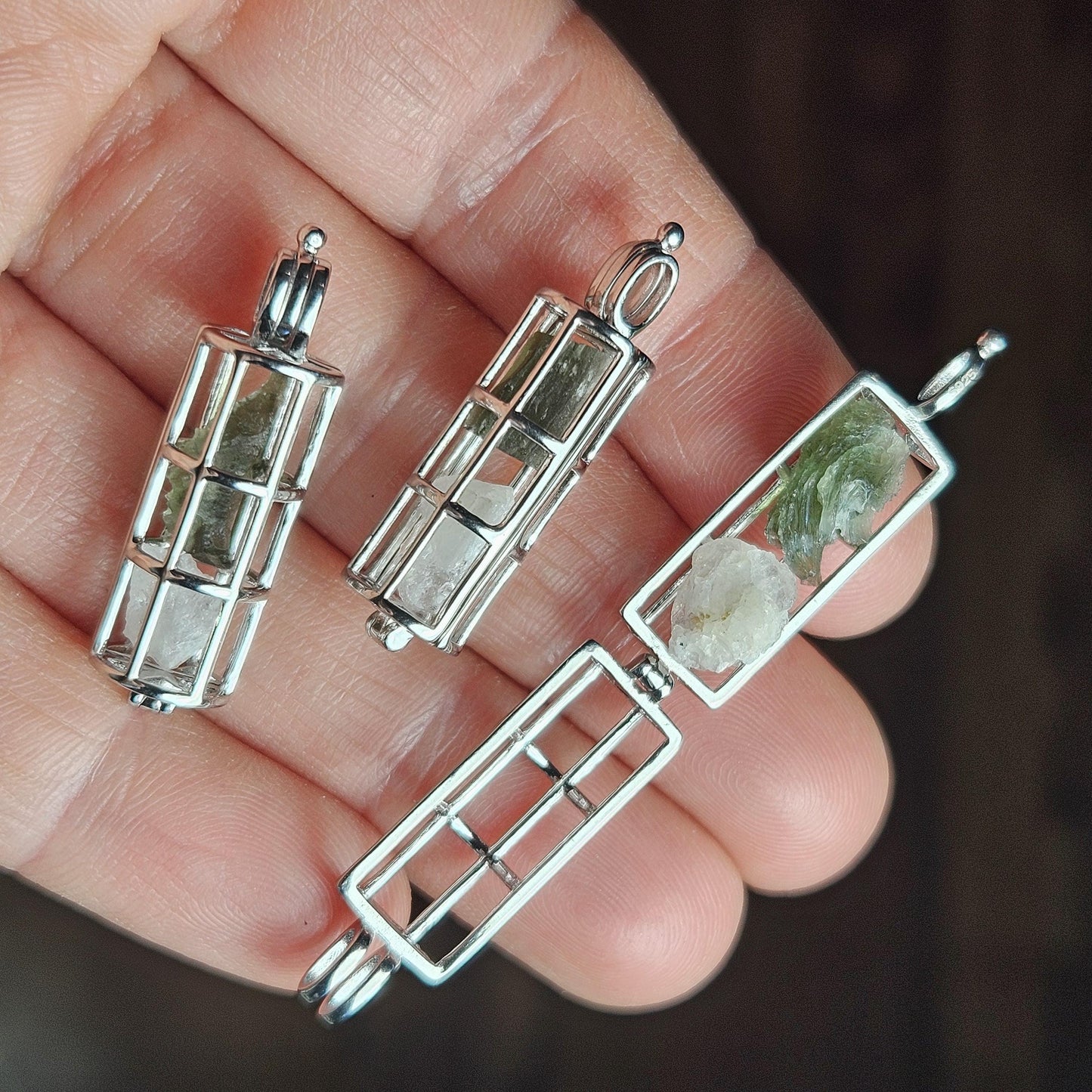 Moldavite & Phenacite Sterling Silver Cage Pendant