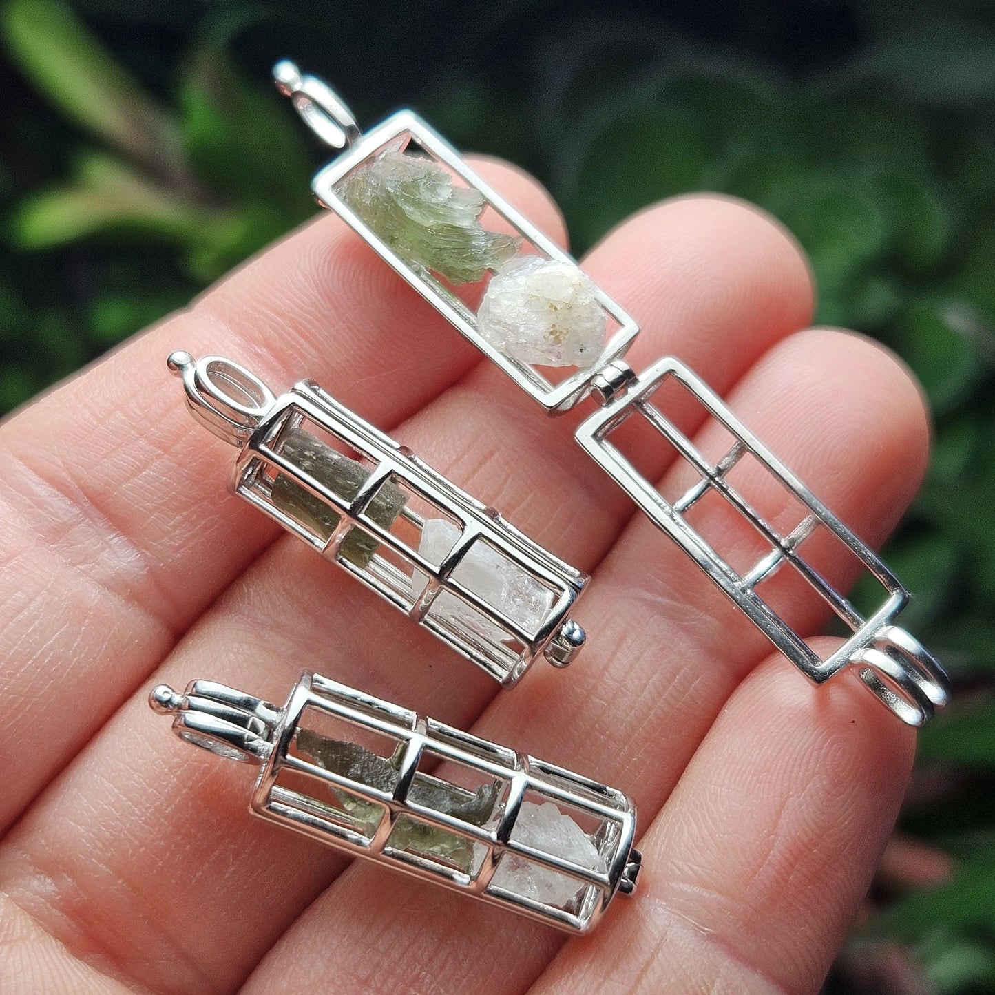 Moldavite & Phenacite Sterling Silver Cage Pendant