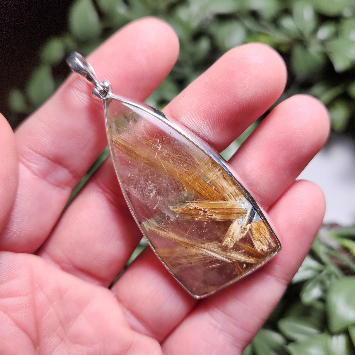 Natural Rutile Star in Quartz Pendant: Hematite & Angel Hair Golden Rutile Necklace