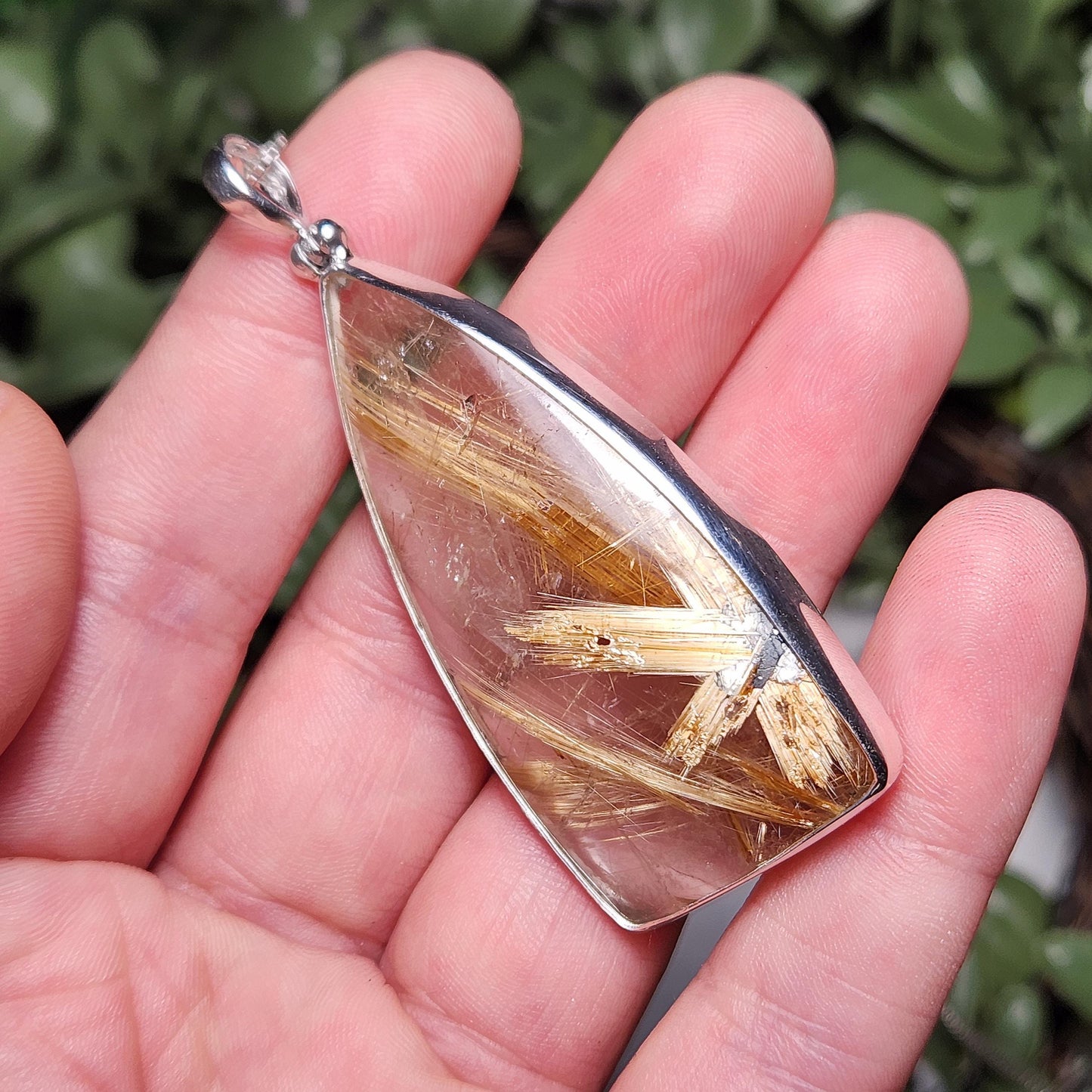 Natural Rutile Star in Quartz Pendant: Hematite & Angel Hair Golden Rutile Necklace