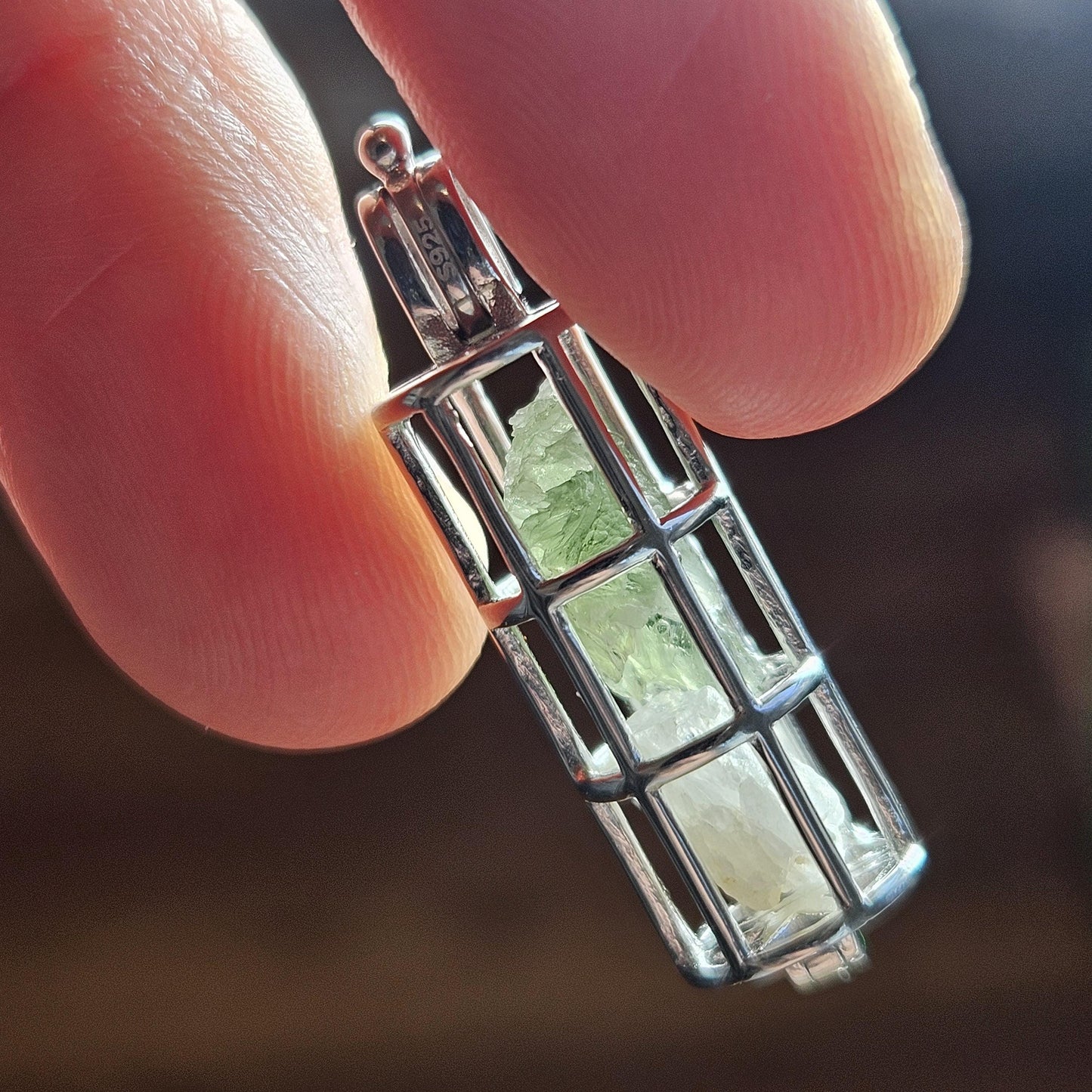 Moldavite & Phenacite Sterling Silver Cage Pendant