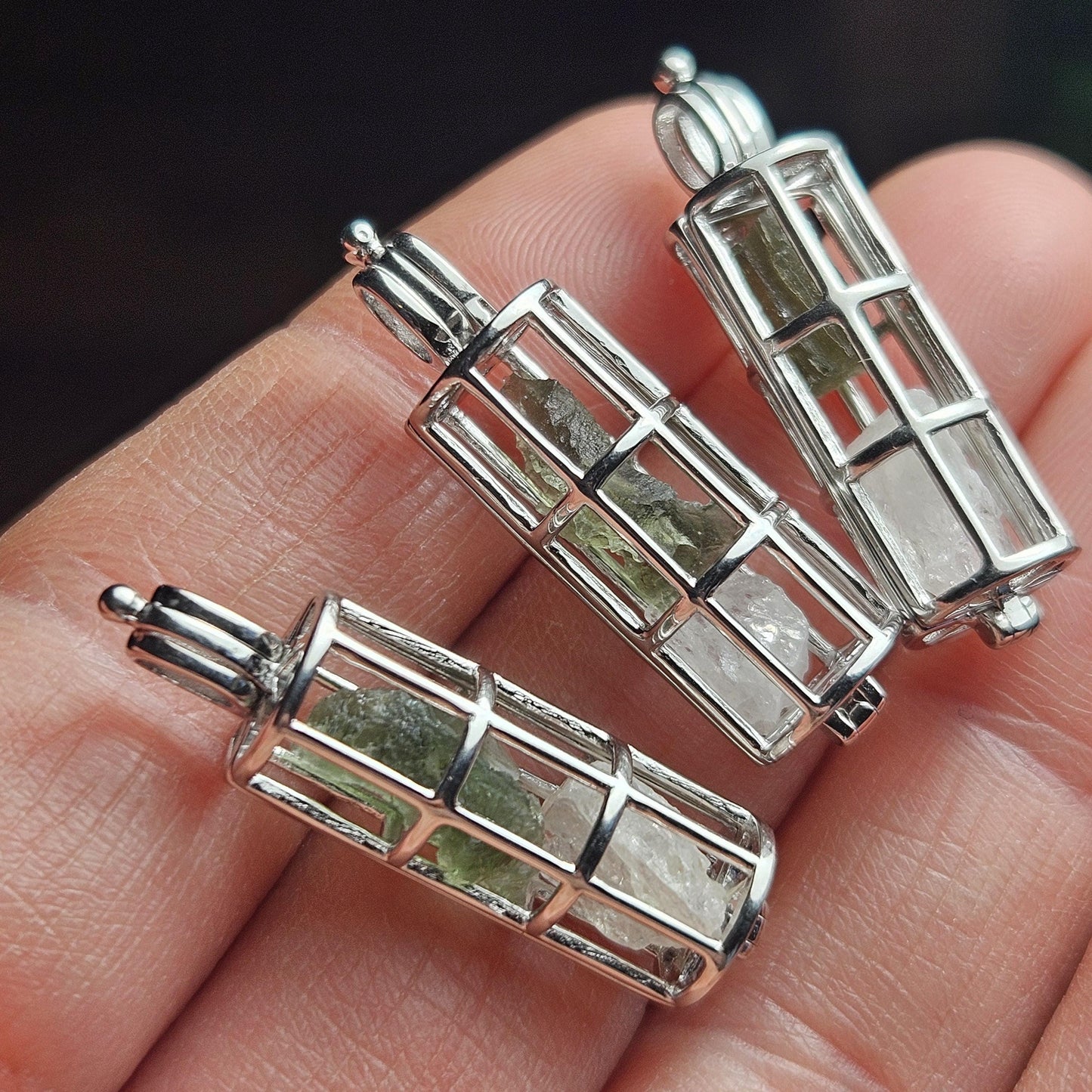 Moldavite & Phenacite Sterling Silver Cage Pendant