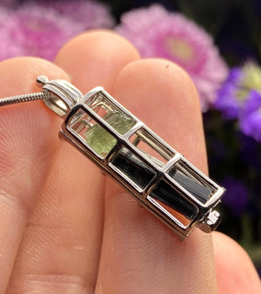 Moldavite & Black Tourmaline Sterling Silver Cage Pendant