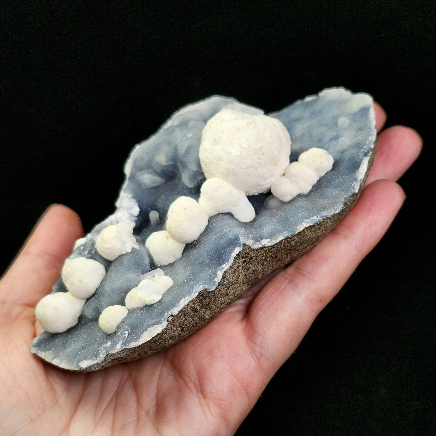 Mordenite Crystals on Blue Chalcedony