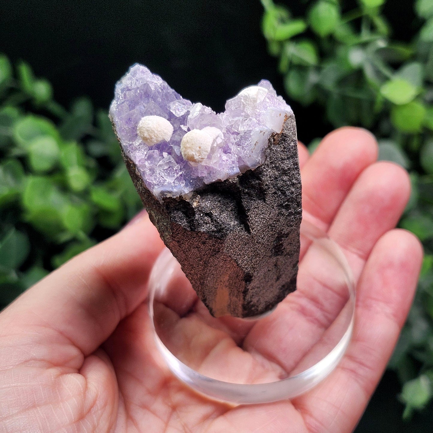 Mordenite Spheres on Amethyst