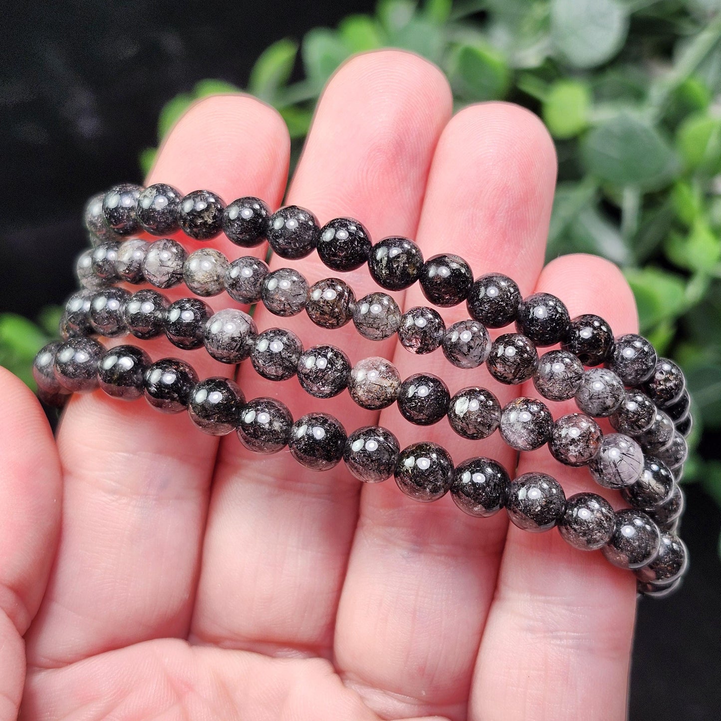 Black Rutilated Quartz Crystal Bracelet: Polished Gemstone Jewelry