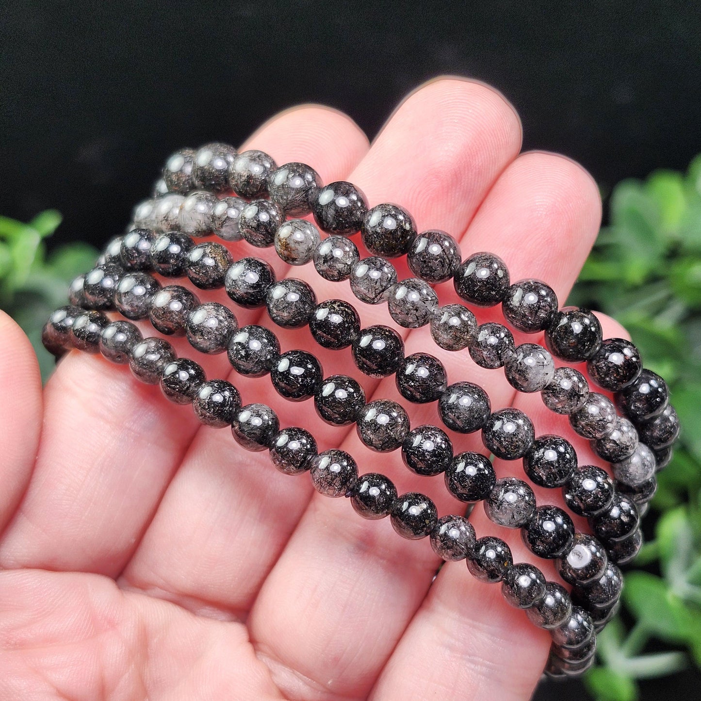 Black Rutilated Quartz Crystal Bracelet: Polished Gemstone Jewelry