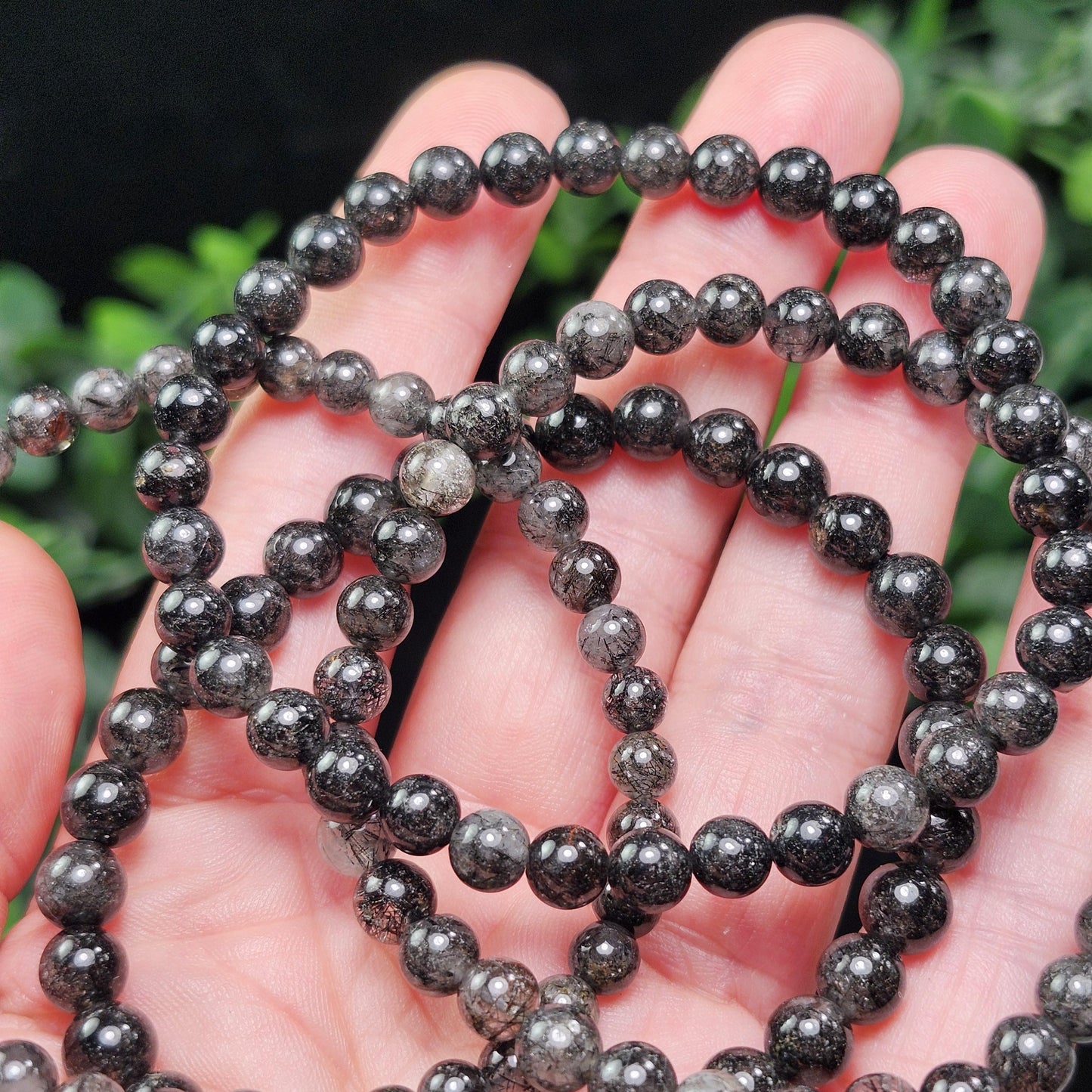Black Rutilated Quartz Crystal Bracelet: Polished Gemstone Jewelry