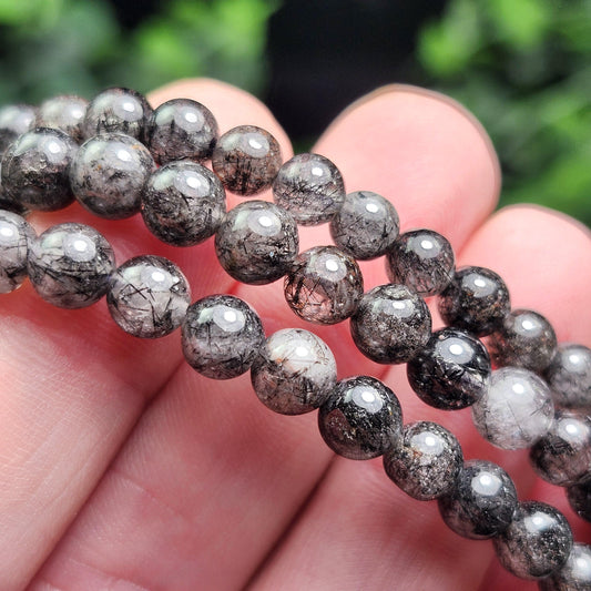 Black Rutilated Quartz Crystal Bracelet: Polished Gemstone Jewelry
