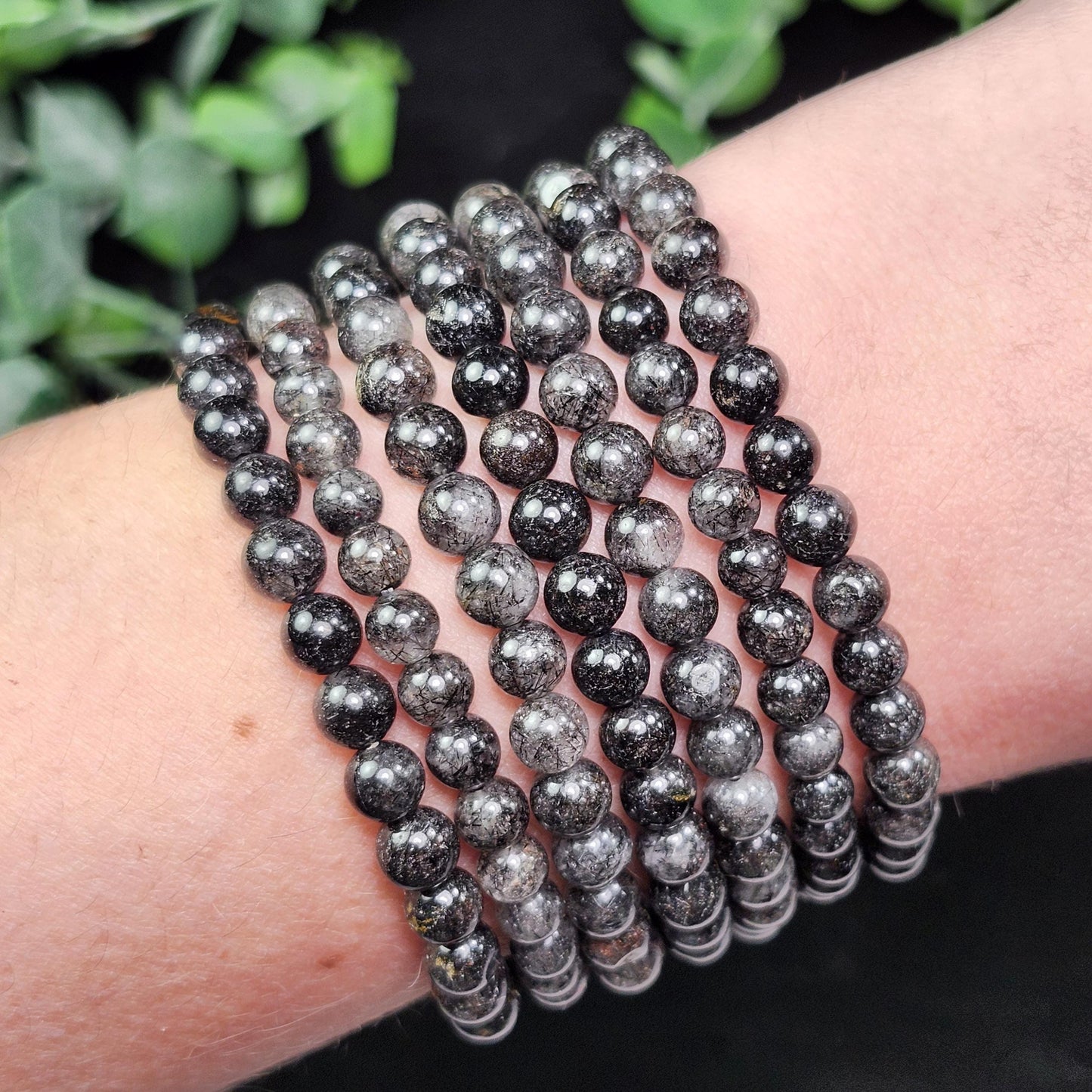Black Rutilated Quartz Crystal Bracelet: Polished Gemstone Jewelry