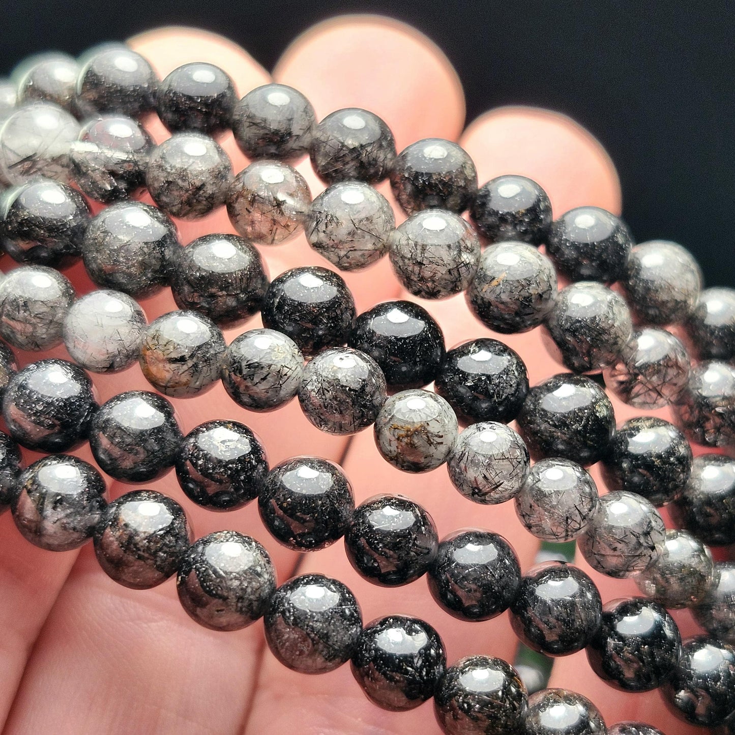 Black Rutilated Quartz Crystal Bracelet: Polished Gemstone Jewelry