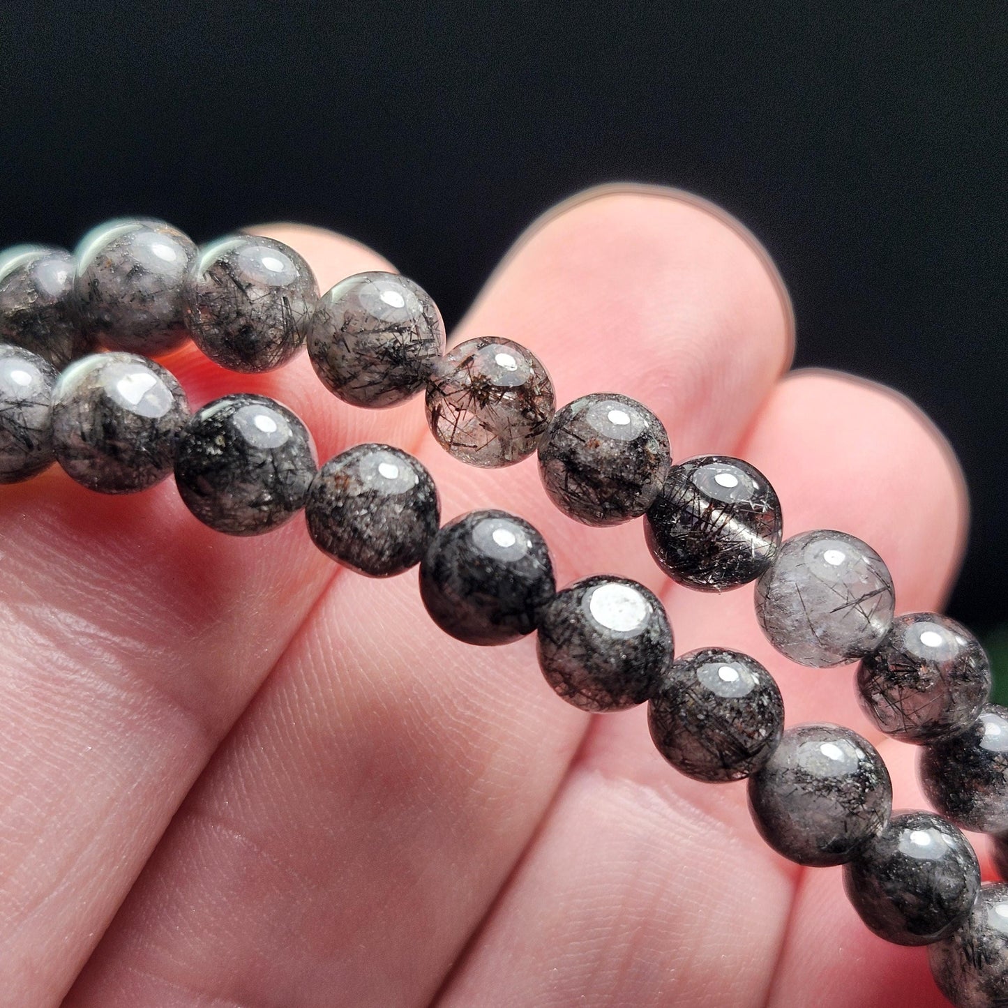 Black Rutilated Quartz Crystal Bracelet: Polished Gemstone Jewelry