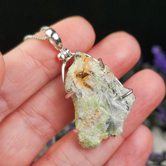 Raw Wavellite Sterling Silver Pendant: Green Crystal Healing Jewelry