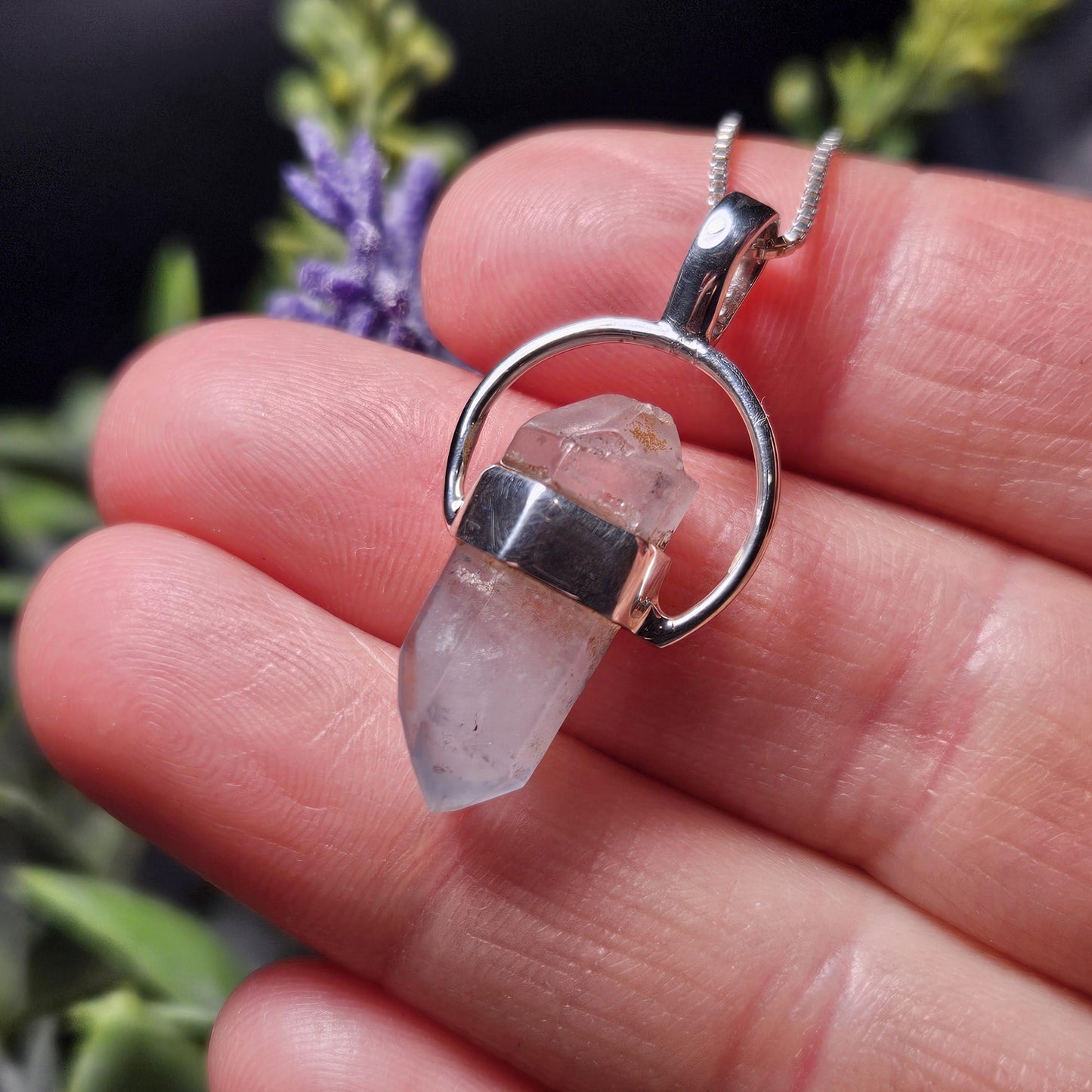 Papagoite Phantom in Quartz Crystal Pendant, Double Terminated Papagoite Sterling Silver Necklace