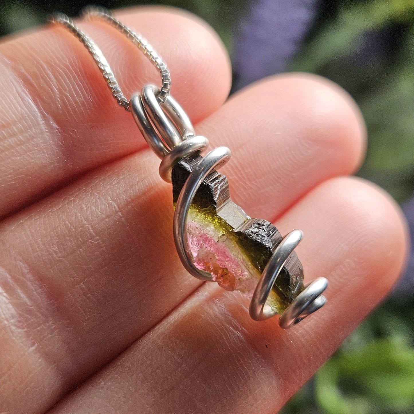 Watermelon Tourmaline Pendant, Sterling Silver Tourmaline Necklace, Pink & Green Raw Crystal