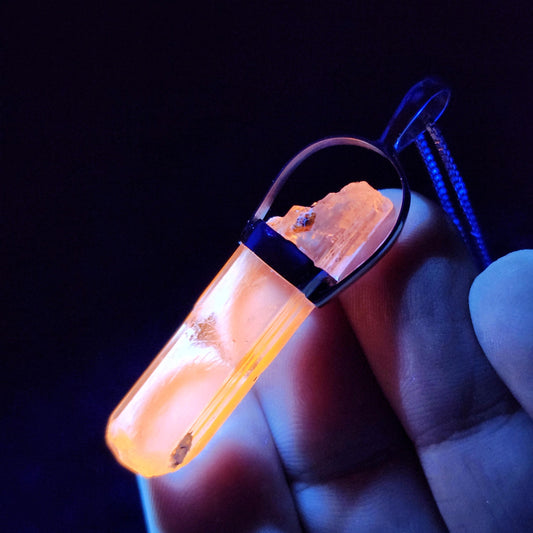 UV Reactive Spodumene with Spessartine Garnet Pendant, Sterling Silver Crystal Necklace