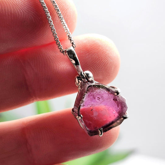 Pink Tourmaline Pendant, Polished Crystal Slice Sterling Silver Necklace