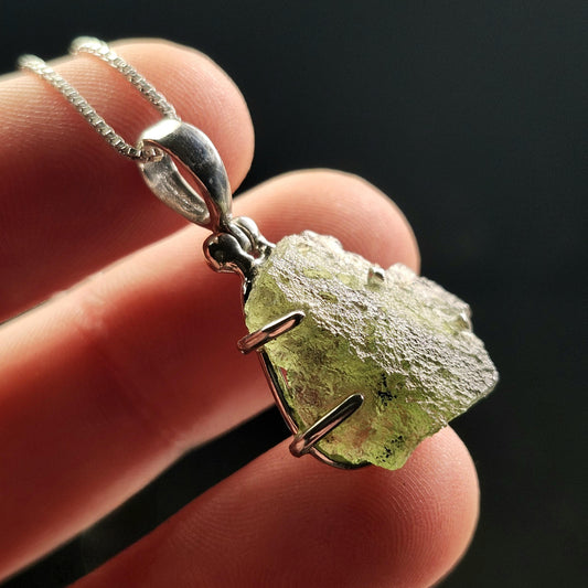 Genuine Moldavite Pendant, Authentic Moldavite Tektite Sterling Silver Jewelry