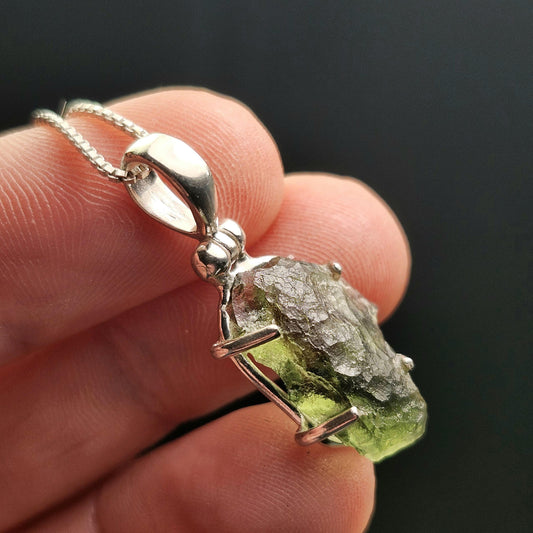 Genuine Moldavite Pendant, Green Tektite Sterling Silver Jewelry