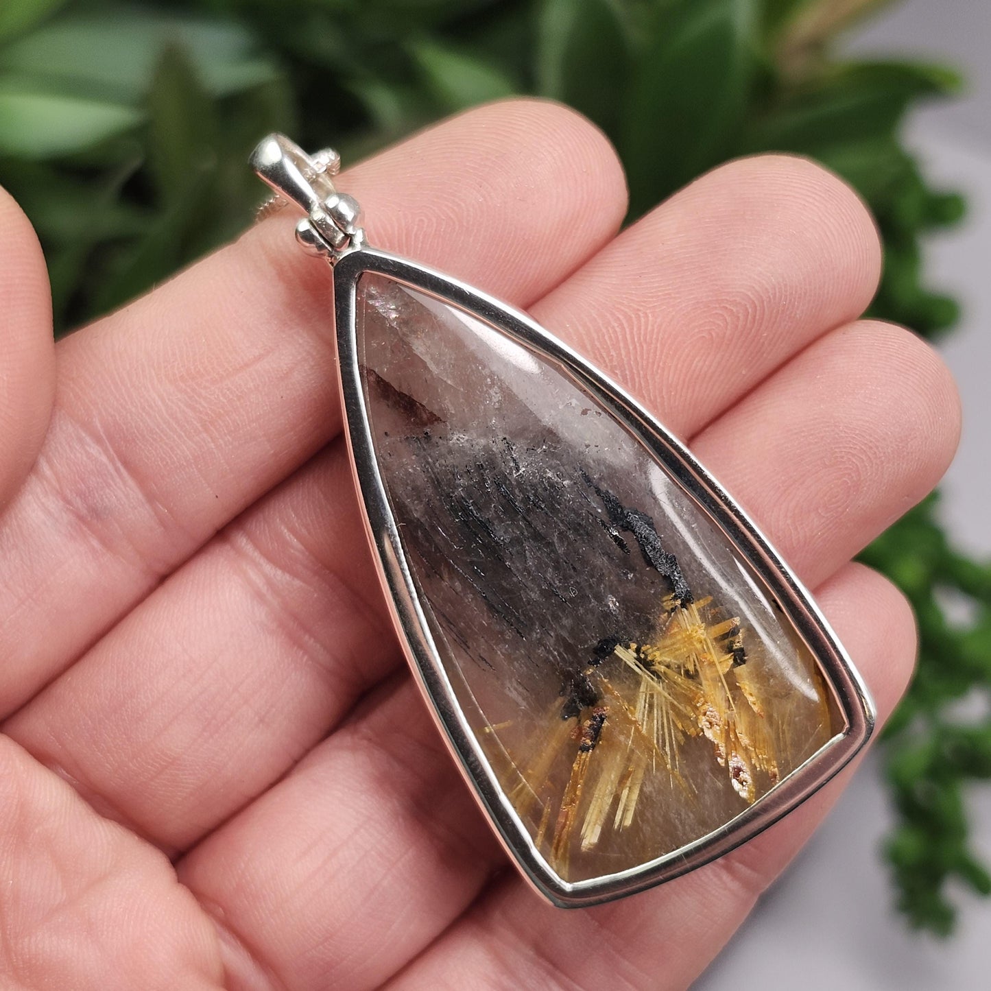 Hematite Rutile Star Quartz Pendant, Rutilated Brazilian Sterling Silver Crystal Necklace