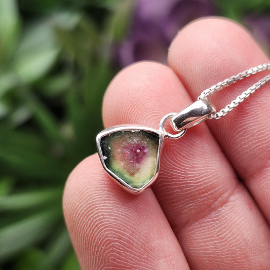 Watermelon Tourmaline Slice Pendant, Sterling Silver Tourmaline Necklace