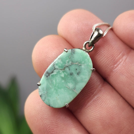 Variscite Pendant, Sterling Silver Polished Variscite Crystal Necklace
