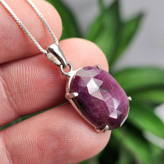 Faceted Ruby Crystal Pendant, UV Reactive Ruby Sterling Silver Necklace