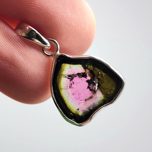Watermelon Tourmaline Slice Pendant, Sterling Silver Tourmaline Necklace