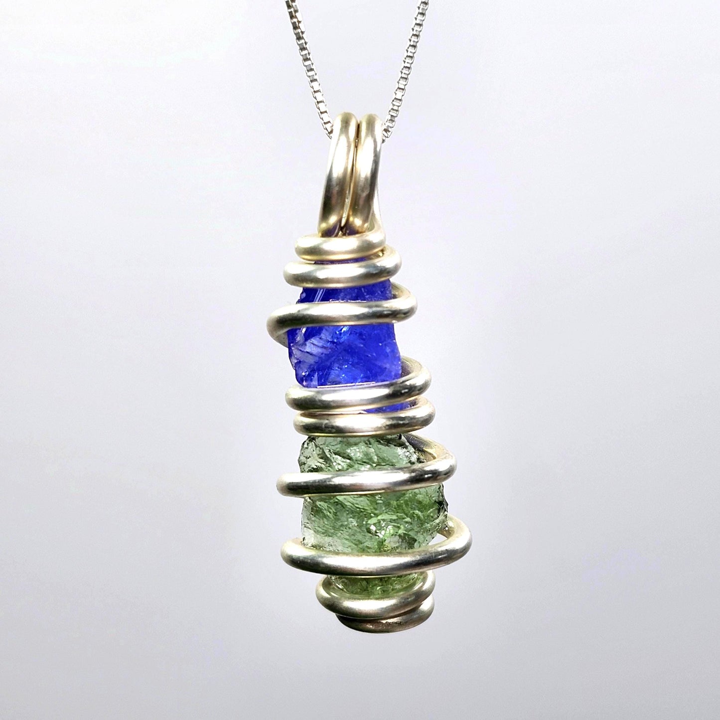 Moldavite & Tanzanite Pendant, Sterling Silver Authentic Moldavite Necklace