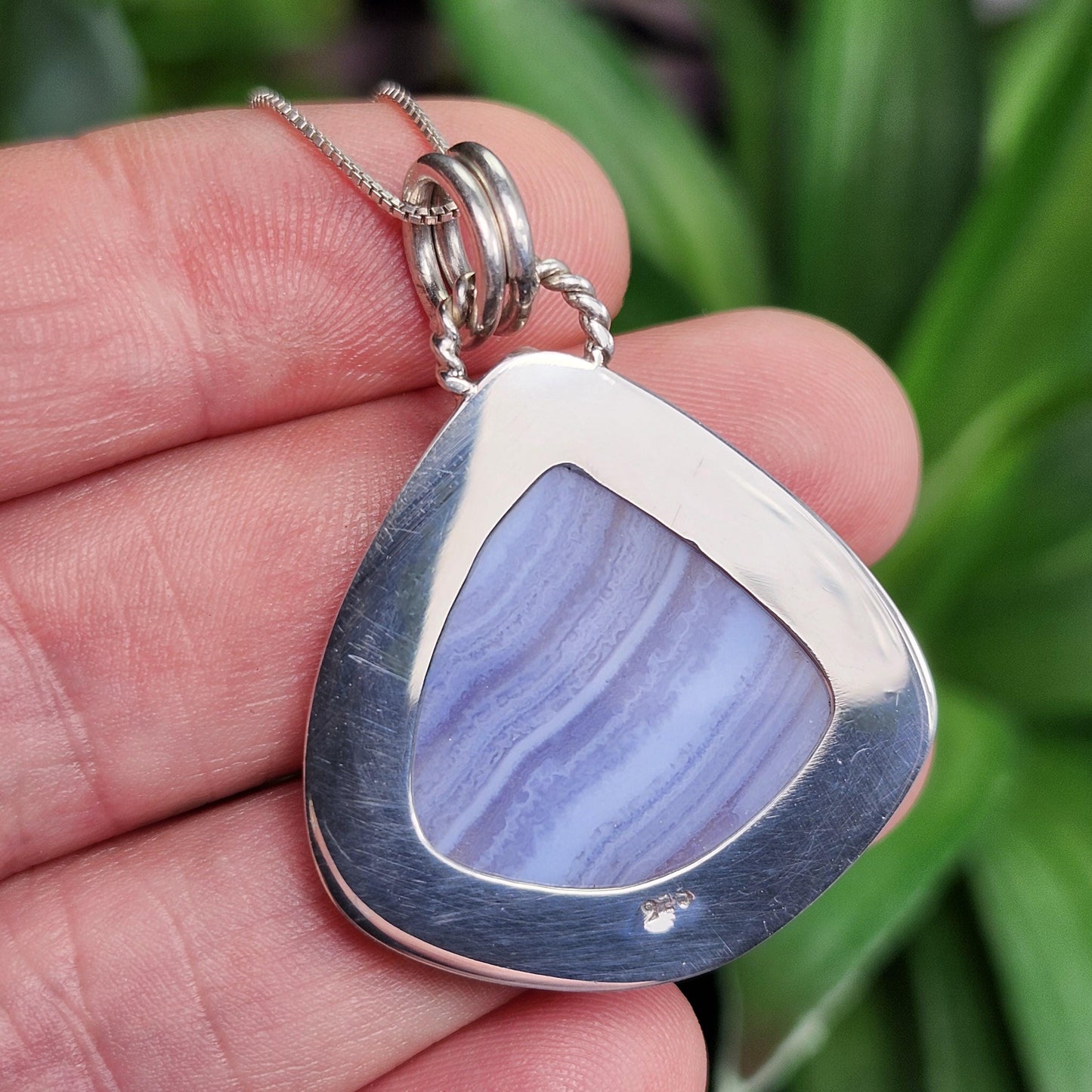 Blue Lace Agate Pendant, Sterling Silver Blue Chalcedony Necklace
