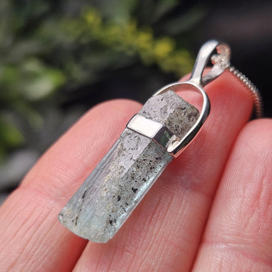 Aquamarine Crystal Pendant, Raw Blue Nigerian Aquamarine Sterling Silver Necklace