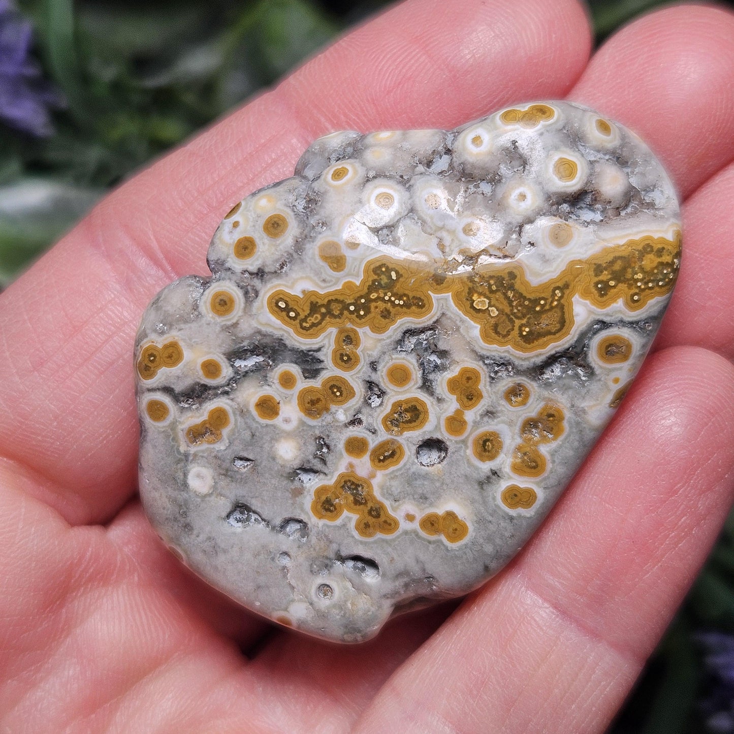 Orbicular Ocean Jasper Palm Stone, (1.25