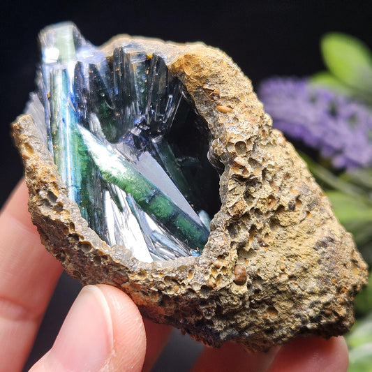 Vivianite Crystal Cluster with Botryoidal Chalcedony 107.66g, Raw Blue