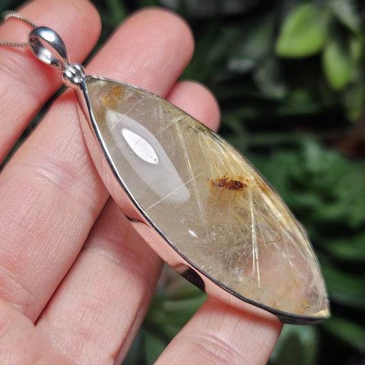Rutile Hematite Star in Quartz Pendant, Natural Brazilian Crystal Cabochon in Sterling Silver