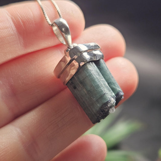 Blue Tourmaline Crystal Pendant, Sterling Silver Tourmaline Necklace