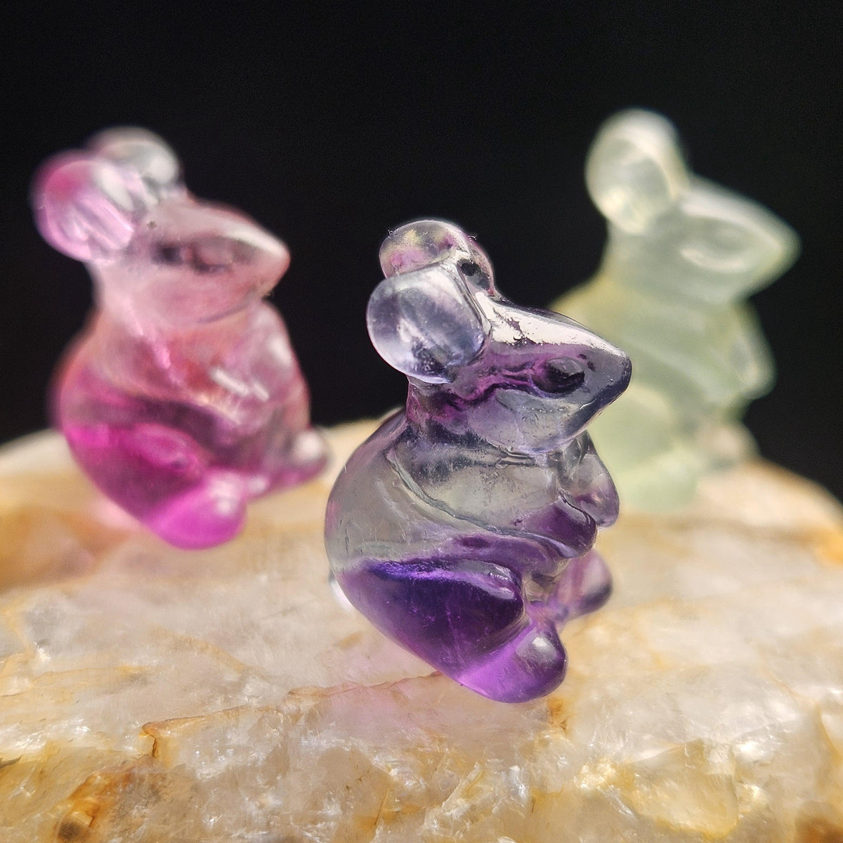 Mini Rabbit Crystal Carving, Rainbow Flourite Bunny Gemstone Polished Miniature