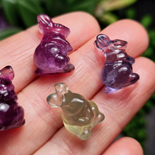 Mini Rabbit Crystal Carving, Rainbow Flourite Bunny Gemstone Polished Miniature