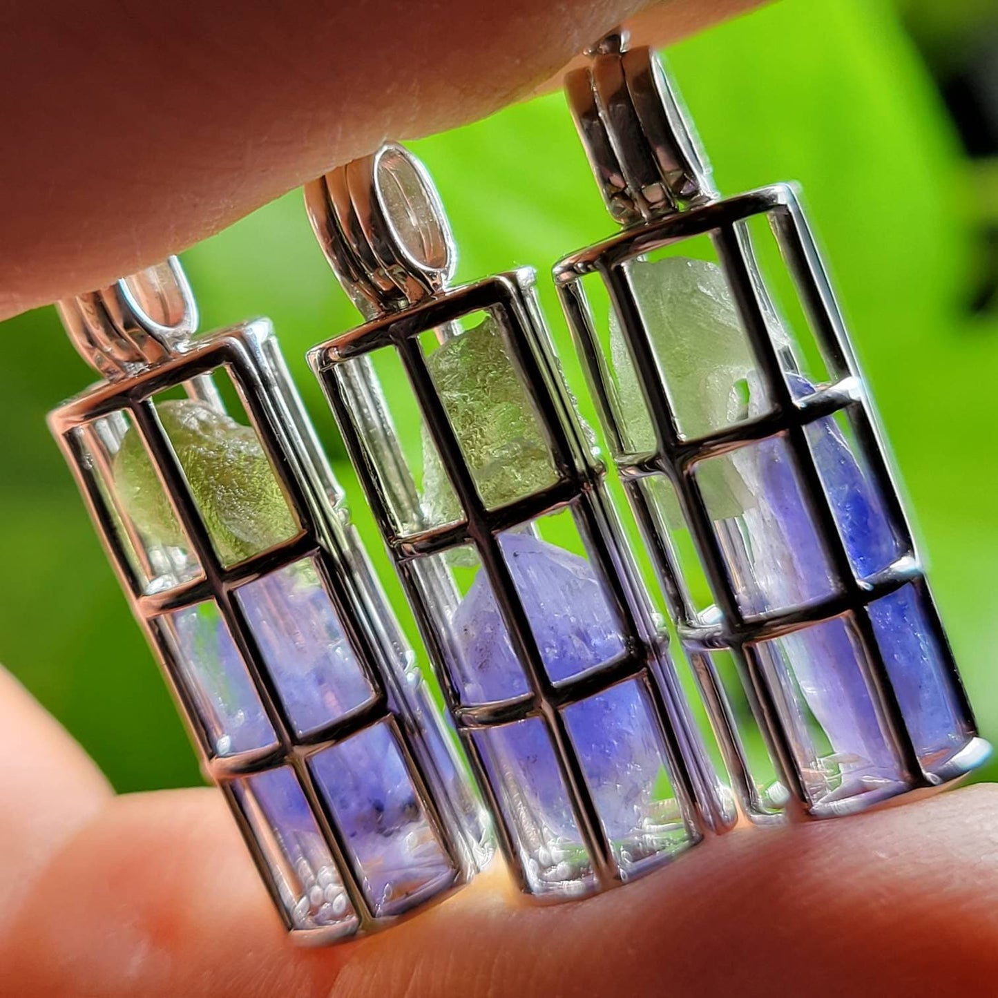 Moldavite & Tanzanite Pendant, Authentic Moldavite Crystal with Tanzanite in a Sterling Silver Cage Necklace