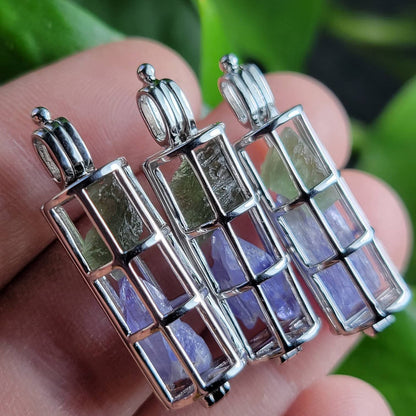 Moldavite & Tanzanite Pendant, Authentic Moldavite Crystal with Tanzanite in a Sterling Silver Cage Necklace