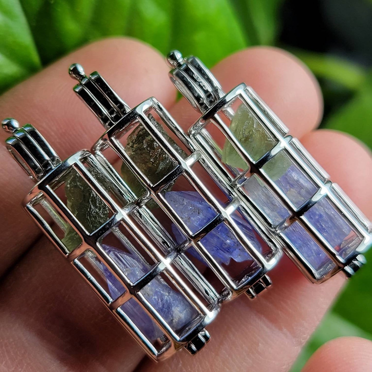 Moldavite & Tanzanite Pendant, Authentic Moldavite Crystal with Tanzanite in a Sterling Silver Cage Necklace
